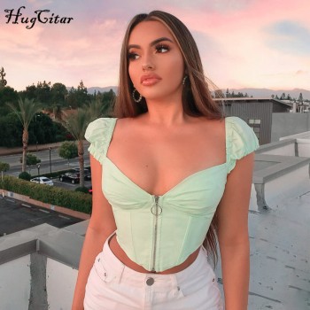 Hugcitar short sleeve zipper patchwork solid crop tops 2019 summer women fashion club party streetwear t shirt White Green
